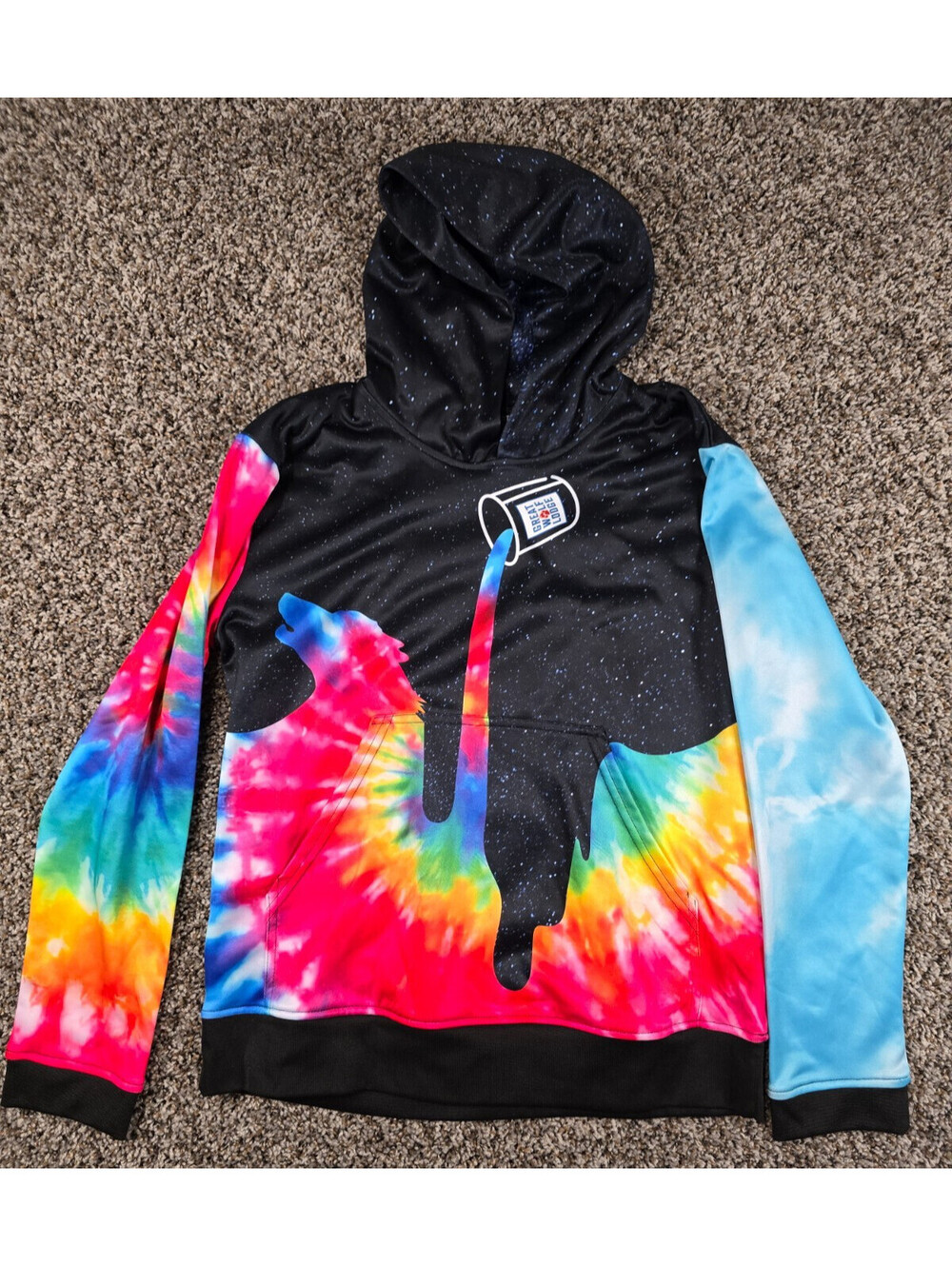 Great Wolf Lodge Kids Sz XL Hoodie Tie Dye Paint Can Wolf Print Rainbow